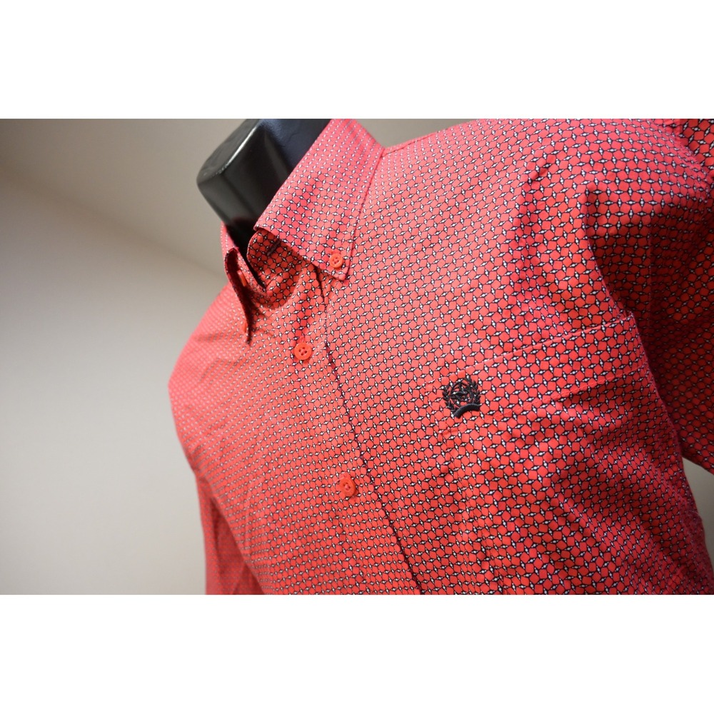 Cinch Button Down Shirt Mens Large Red Geometric Short Sleeve Casual